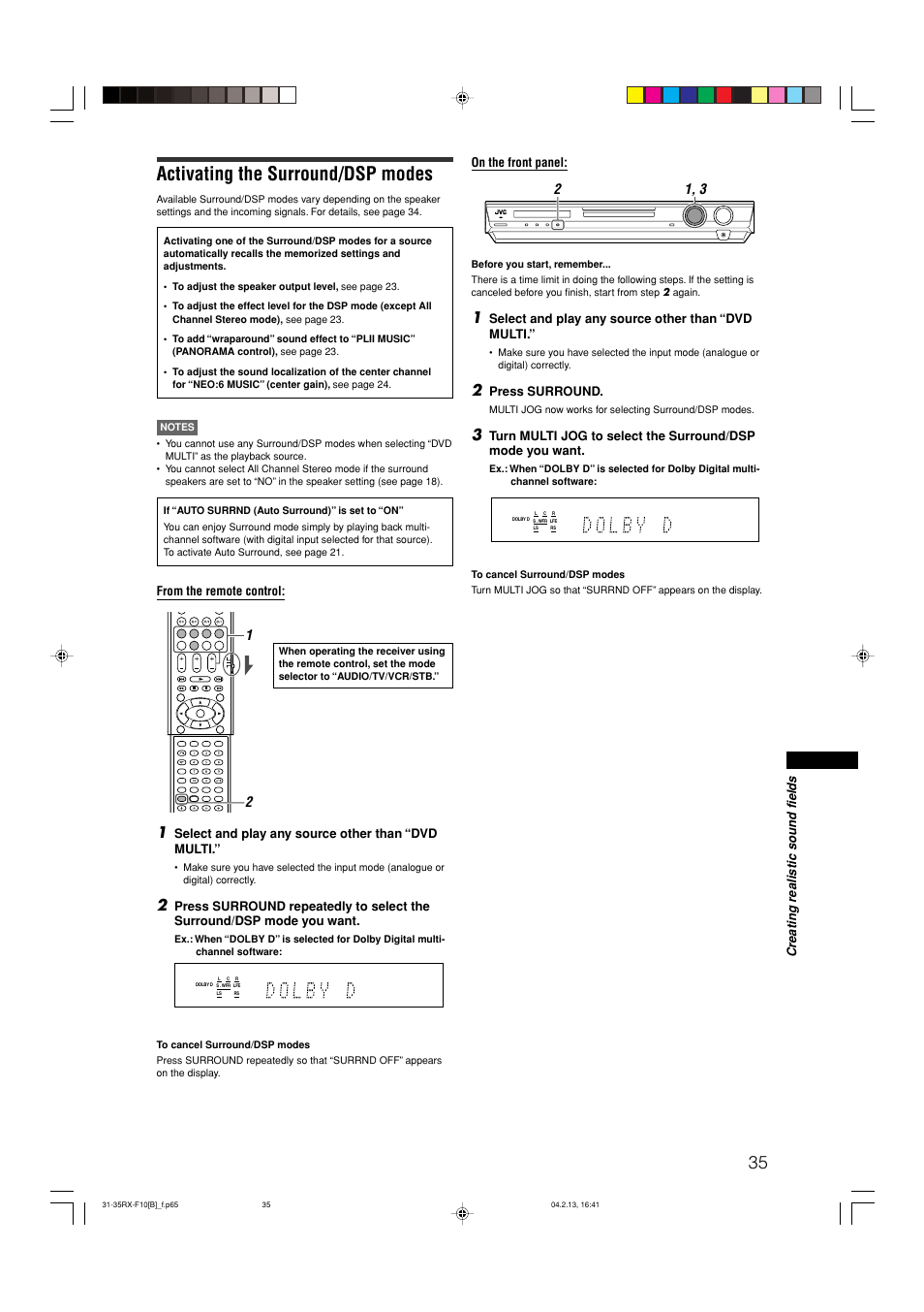 Activating the surround/dsp modes, Creating realistic sound fields on the front panel, Select and play any source other than “dvd multi | Press surround | JVC RX-F10S User Manual | Page 39 / 47