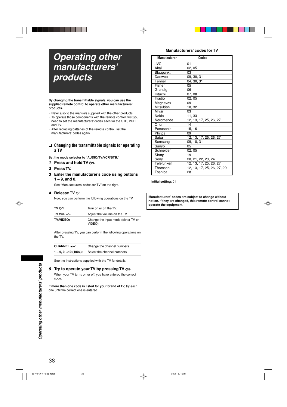 Operating other manufacturers’ products | JVC RX-F10S User Manual | Page 42 / 47