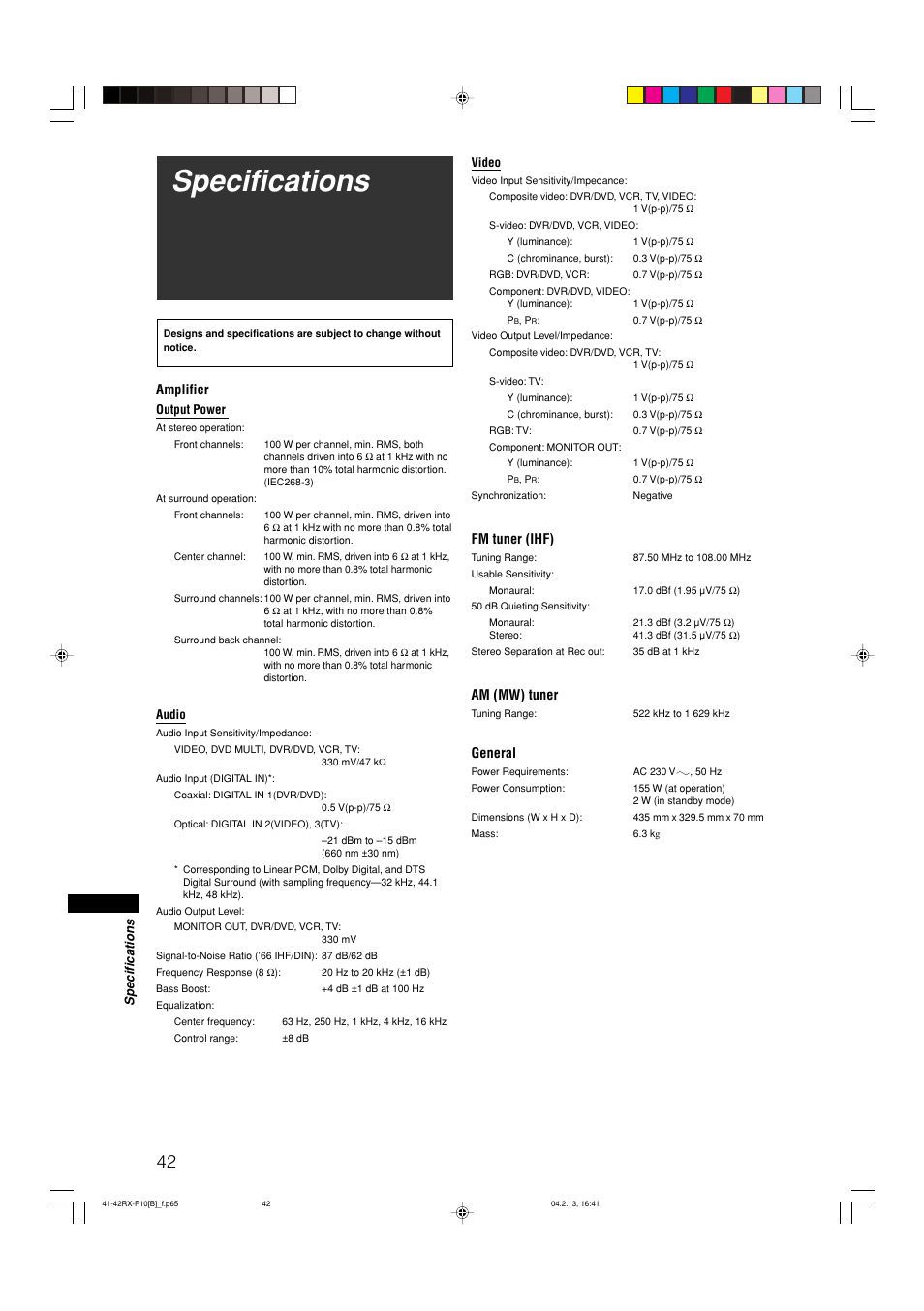 Specifications, Amplifier, Fm tuner (ihf) | Am (mw) tuner, General | JVC RX-F10S User Manual | Page 46 / 47