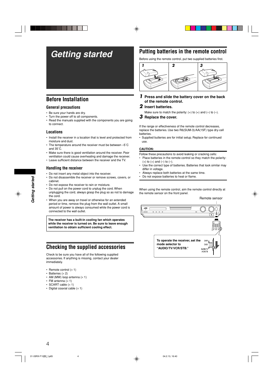 Getting started, Before installation, Checking the supplied accessories | Putting batteries in the remote control | JVC RX-F10S User Manual | Page 8 / 47