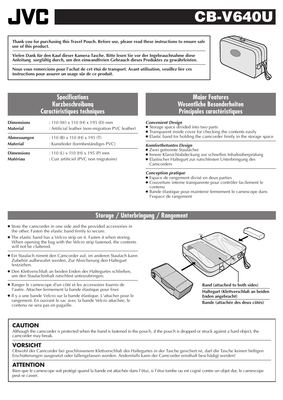 JVC TRAVEL POUCH INSTRUCTIONS KAMERA-TASCHE GEBRAUCHSANLEITUNG ETUI DE TRANSPORT INSTRUCTIONS CB-V640U User Manual | 1 page