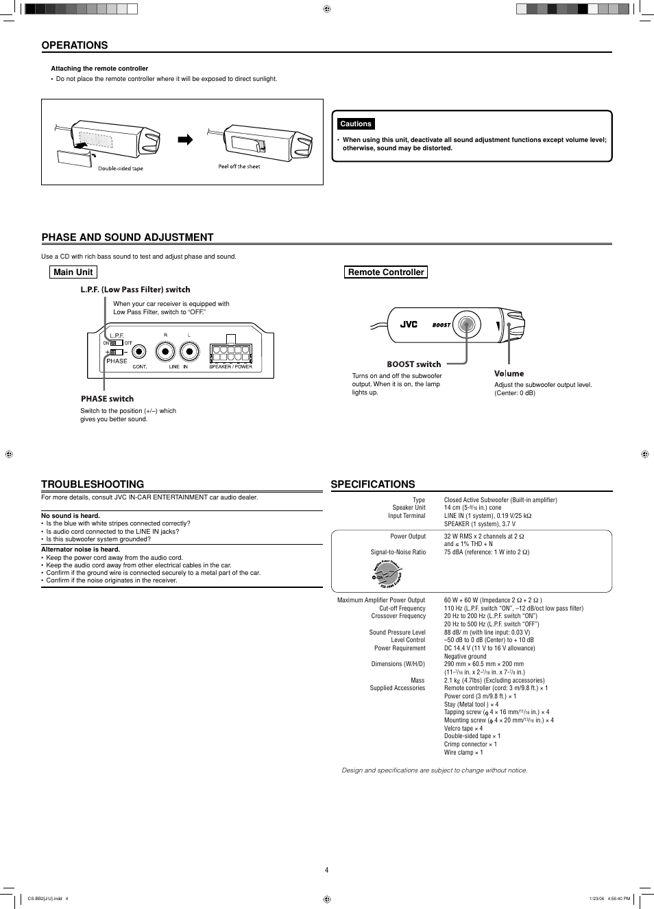 Operations, Phase and sound adjustment, Troubleshooting | Specifications | JVC CS-BB2 User Manual | Page 4 / 4