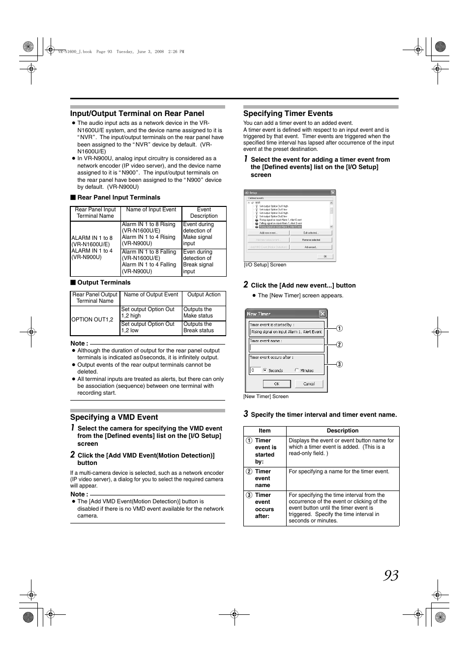 Input/output terminal on rear panel, Specifying a vmd event, Specifying timer events | JVC VR-N1600E User Manual | Page 101 / 158