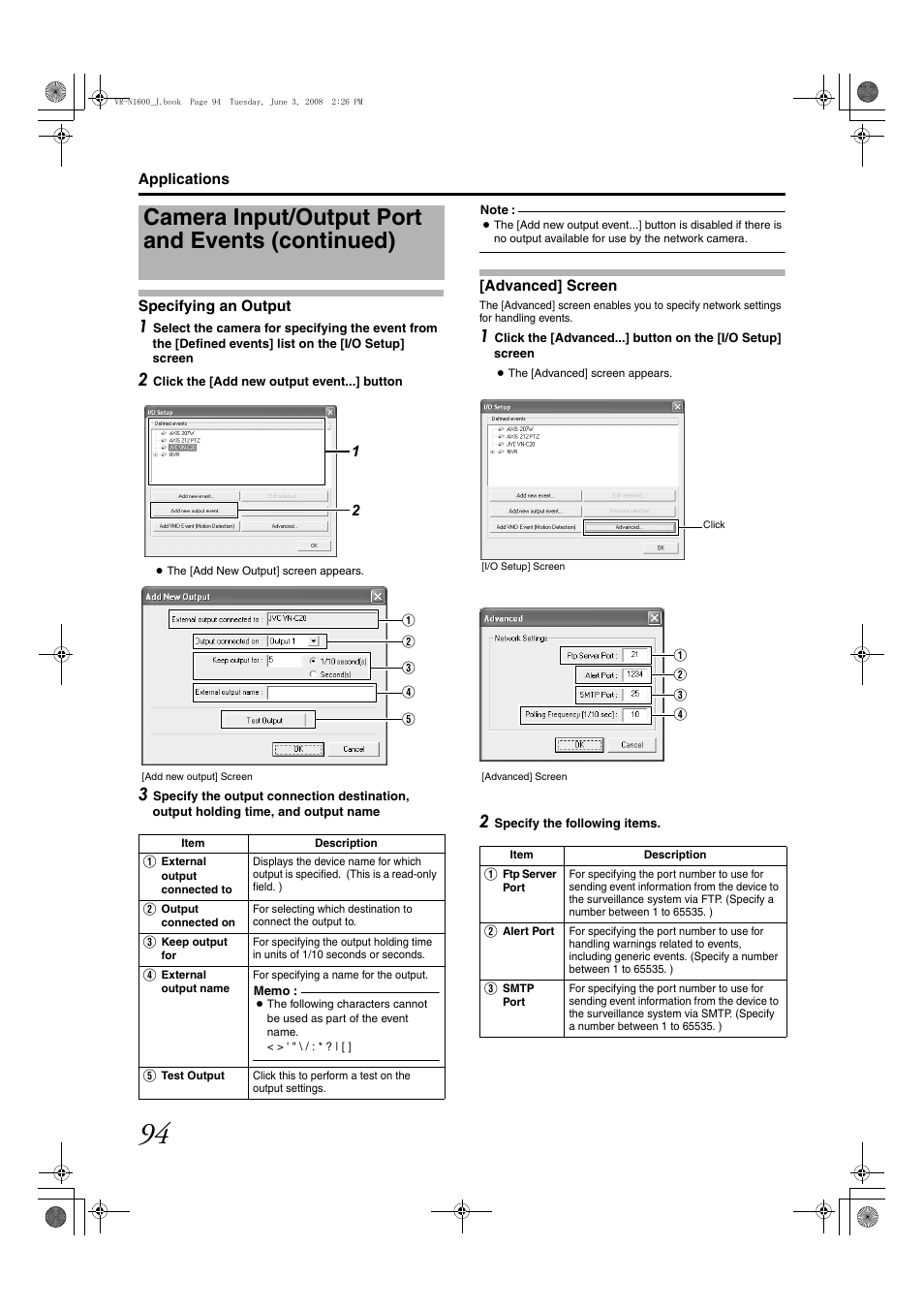 Specifying an output, Advanced] screen, Camera input/output port and events (continued) | JVC VR-N1600E User Manual | Page 102 / 158