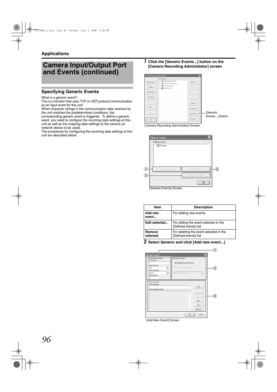 Specifying generic events, Camera input/output port and events (continued) | JVC VR-N1600E User Manual | Page 104 / 158
