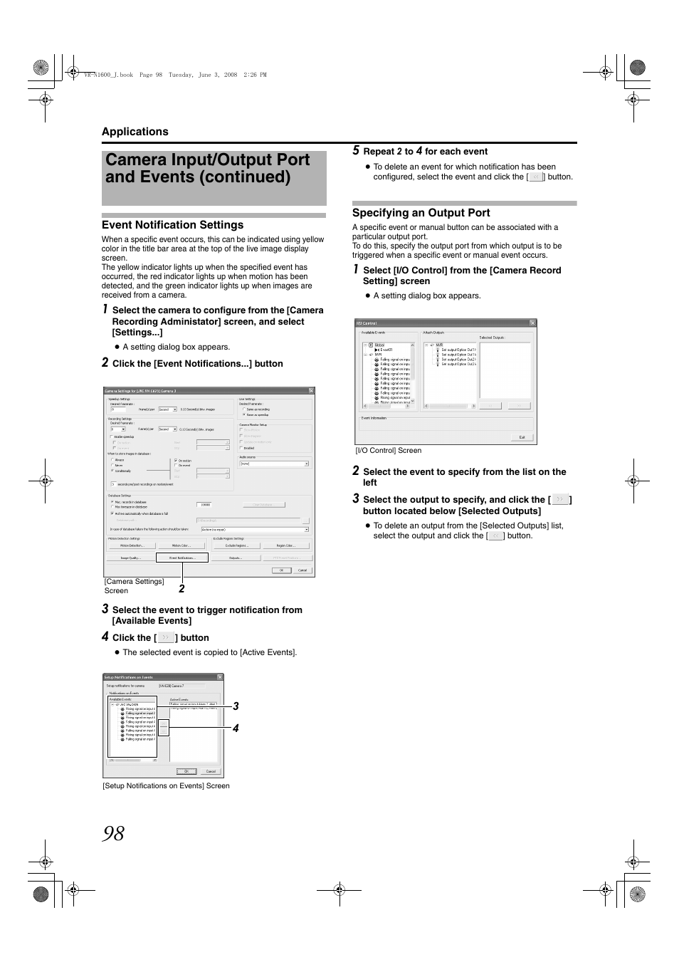 Event notification settings, Specifying an output port, Camera input/output port and events (continued) | JVC VR-N1600E User Manual | Page 106 / 158