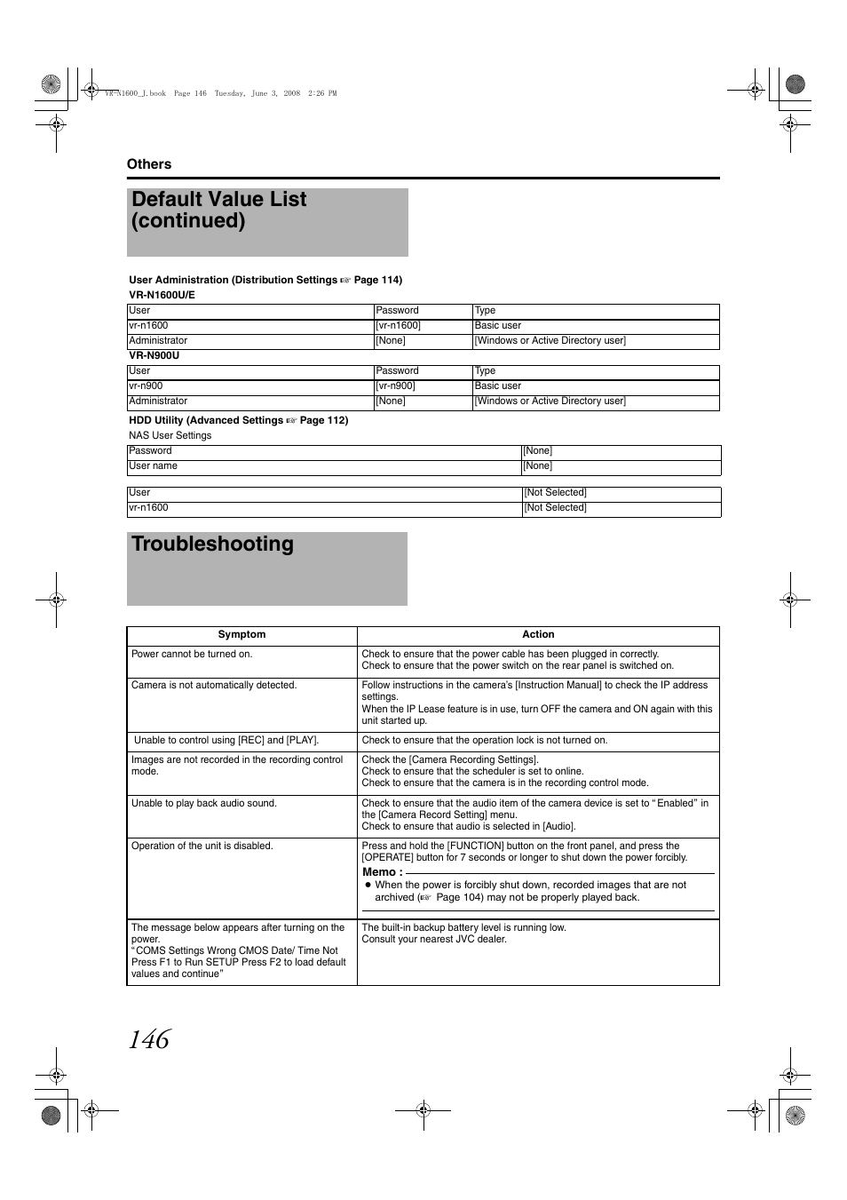 Troubleshooting, Default value list (continued) | JVC VR-N1600E User Manual | Page 154 / 158