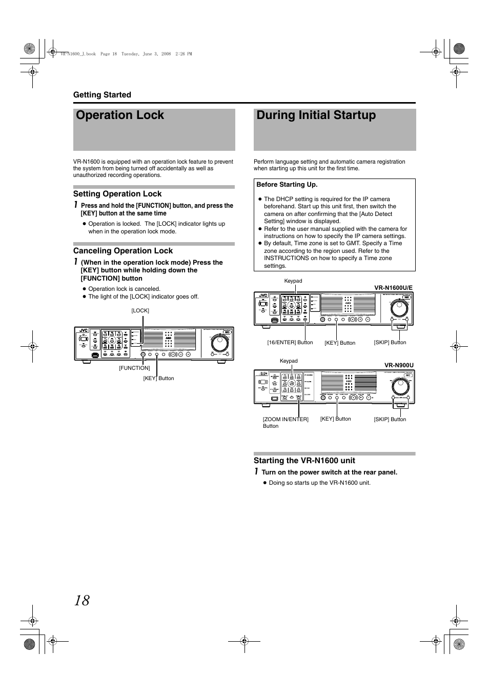 Operation lock, During initial startup, Getting started | Setting operation lock, Canceling operation lock, Starting the vr-n1600 unit, Turn on the power switch at the rear panel, Before starting up, Doing so starts up the vr-n1600 unit, Function] [key] button [lock | JVC VR-N1600E User Manual | Page 26 / 158