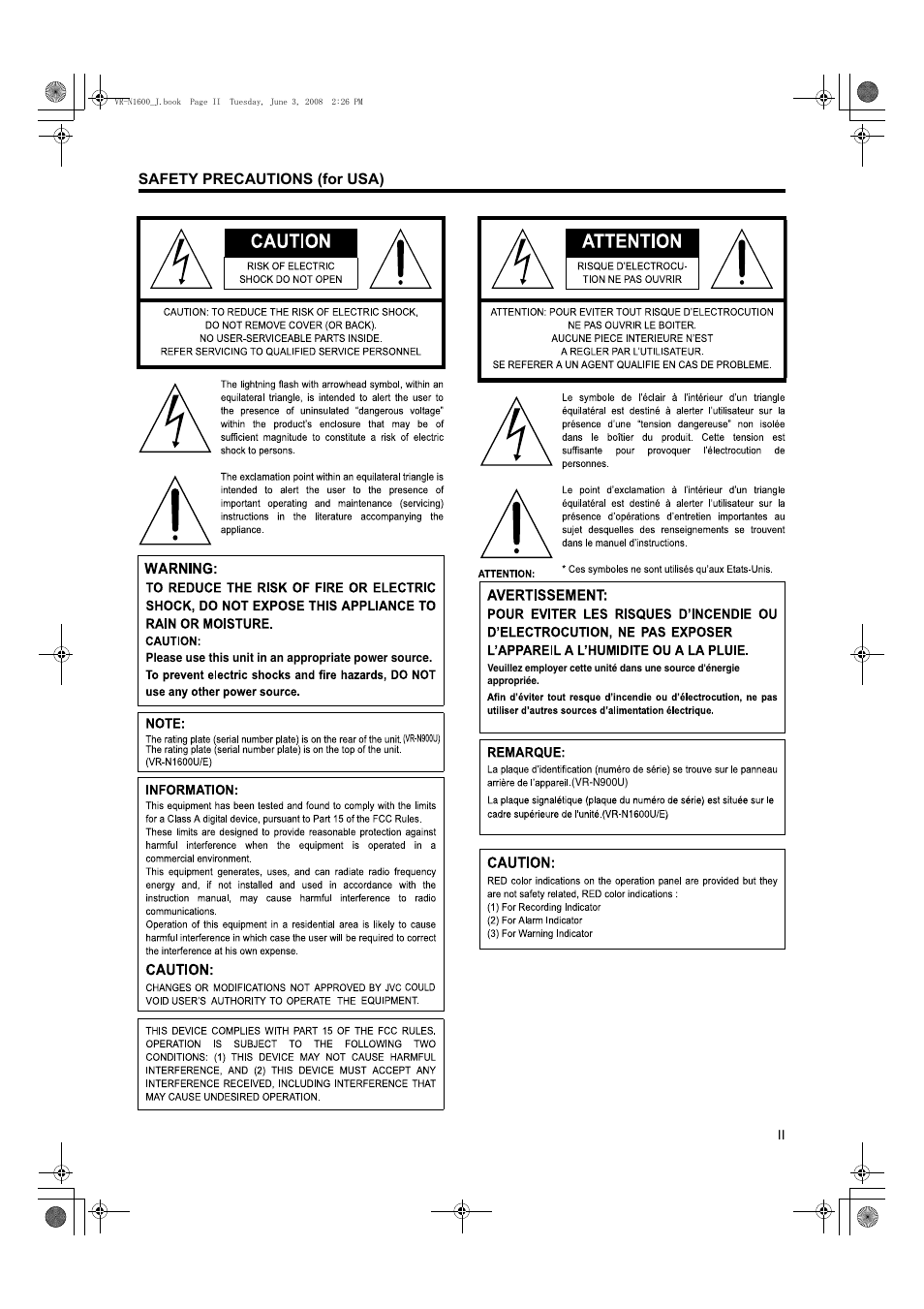 Safety precautions (for usa) | JVC VR-N1600E User Manual | Page 3 / 158