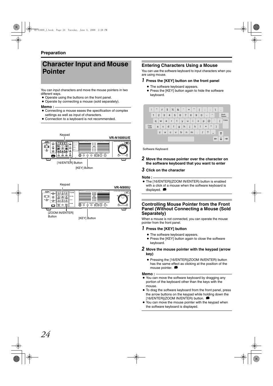 Character input and mouse pointer, Entering characters using a mouse, Controlling mouse pointer from the front panel | Without connecting a mouse (sold separately), Preparation, Press the [key] button on the front panel, Press the [key] button, Move the mouse pointer with the keypad (arrow key) | JVC VR-N1600E User Manual | Page 32 / 158