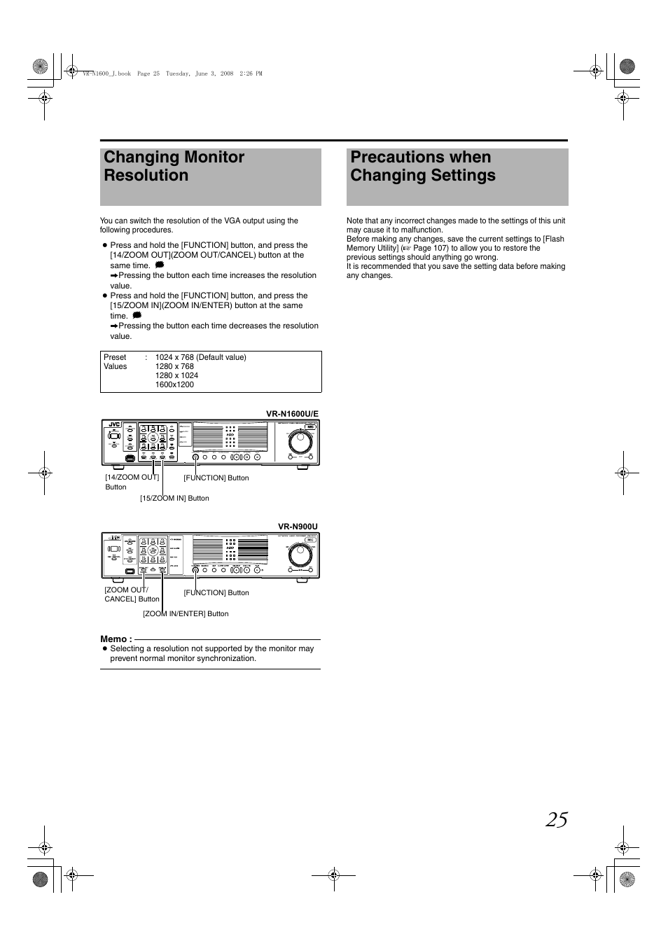 Changing monitor resolution, Precautions when changing settings | JVC VR-N1600E User Manual | Page 33 / 158