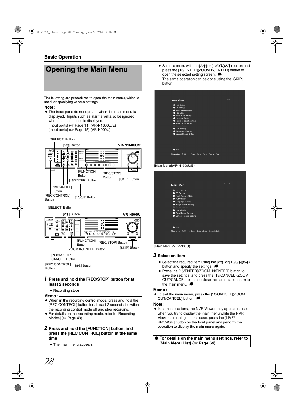 Opening the main menu, Basic operation, Select an item | JVC VR-N1600E User Manual | Page 36 / 158