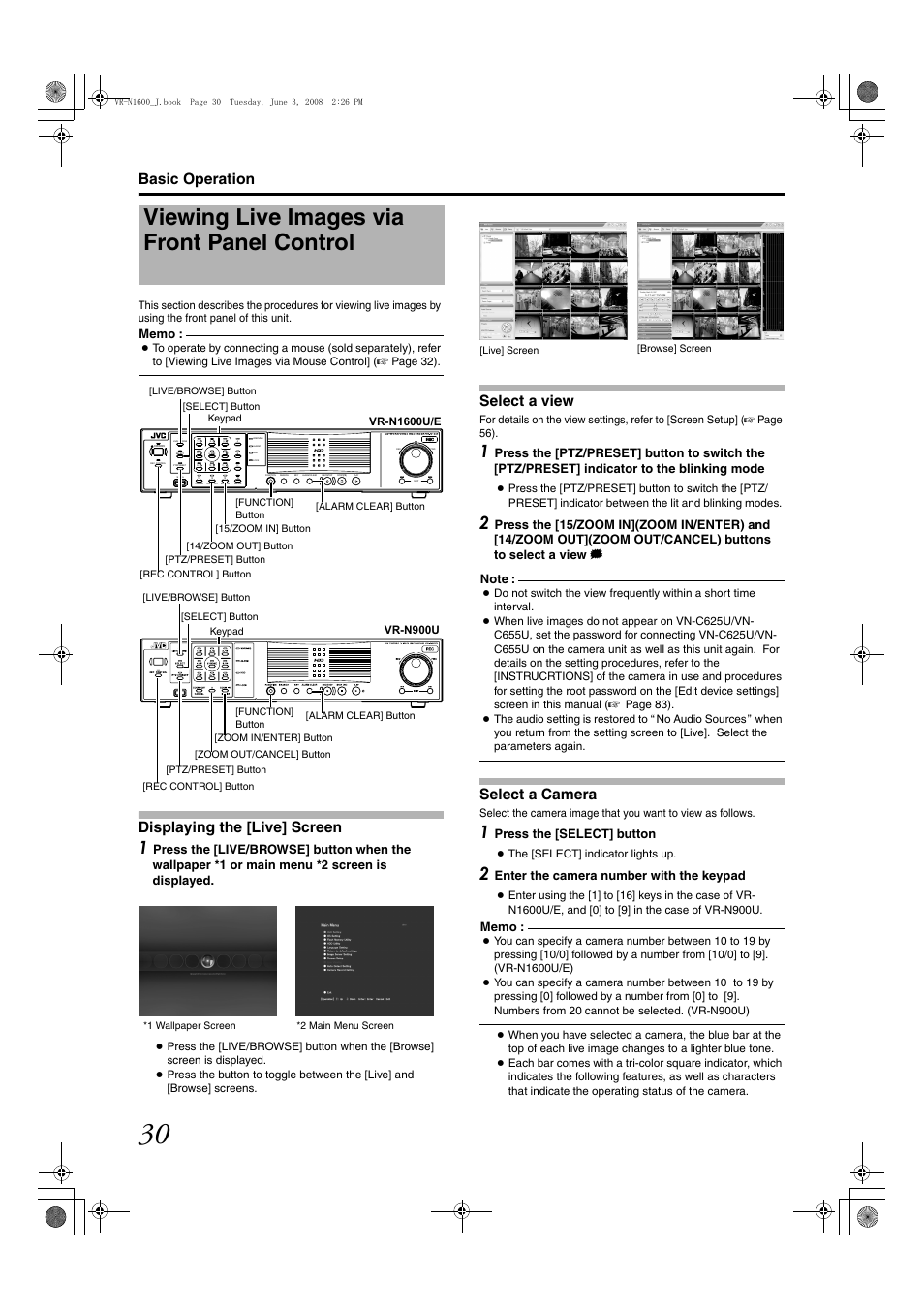 Viewing live images via front panel control, Displaying the [live] screen, Select a view | Select a camera, Basic operation, Nvr viewer, Press the [select] button, Enter the camera number with the keypad | JVC VR-N1600E User Manual | Page 38 / 158