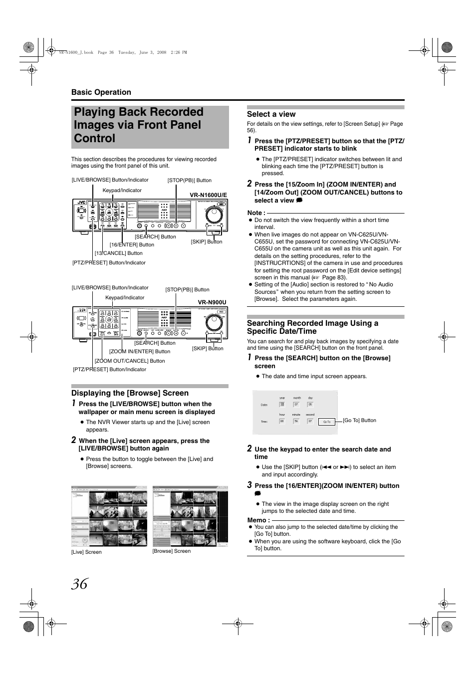 Select a view, Basic operation, Displaying the [browse] screen | Nvr viewer, Press the [search] button on the [browse] screen, Use the keypad to enter the search date and time, Press the [16/enter](zoom in/enter) button | JVC VR-N1600E User Manual | Page 44 / 158