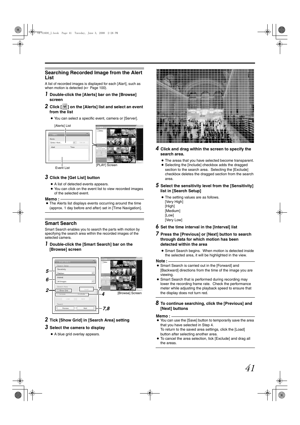 Searching recorded image from the alert list, Smart search | JVC VR-N1600E User Manual | Page 49 / 158