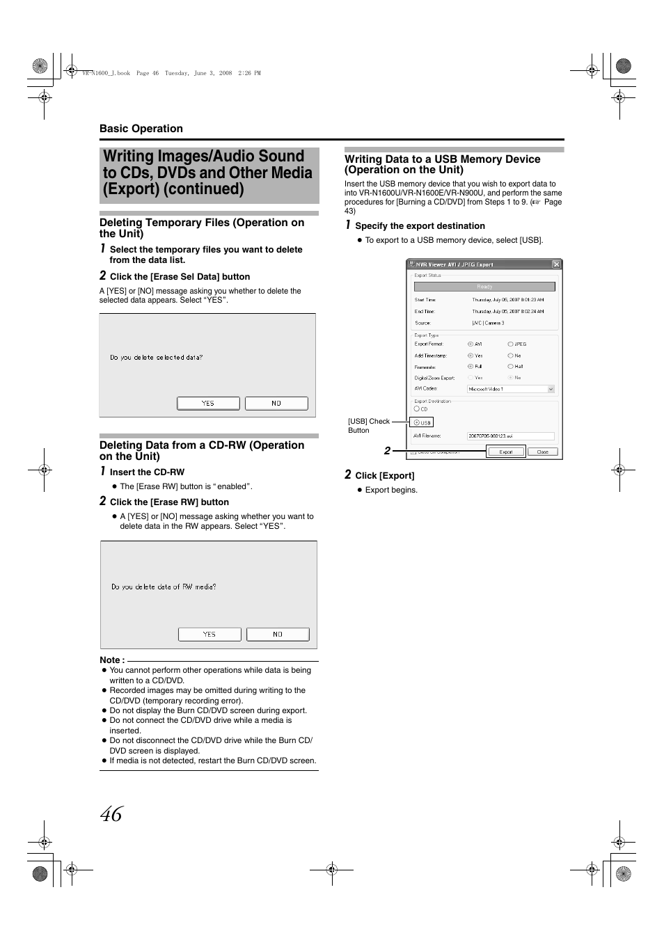 Deleting temporary files (operation on the unit), Deleting data from a cd-rw (operation on the unit), Writing data to a usb memory device | Operation on the unit) | JVC VR-N1600E User Manual | Page 54 / 158