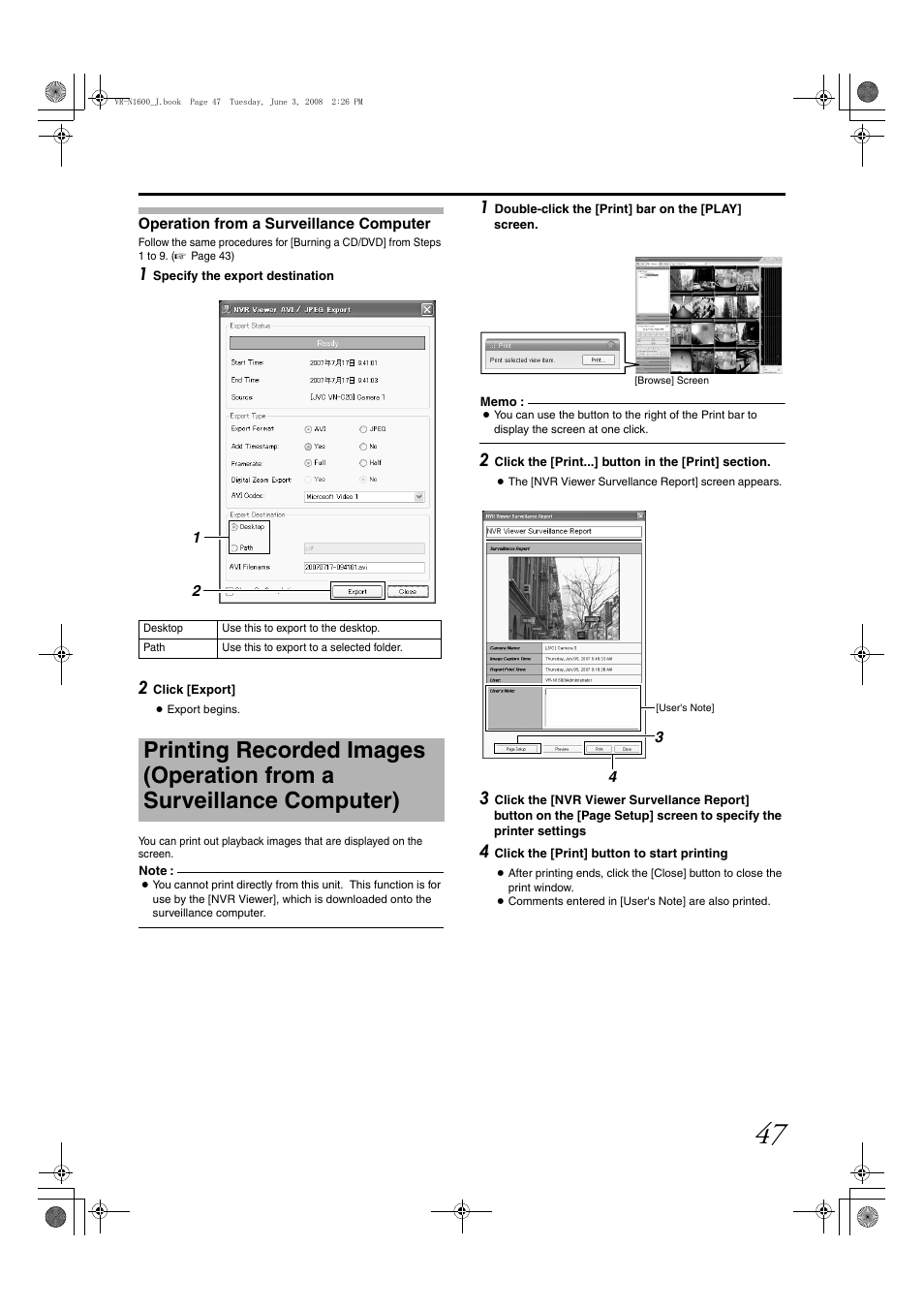Operation from a surveillance computer, Printing recorded images, Operation from a surveillance computer) | JVC VR-N1600E User Manual | Page 55 / 158