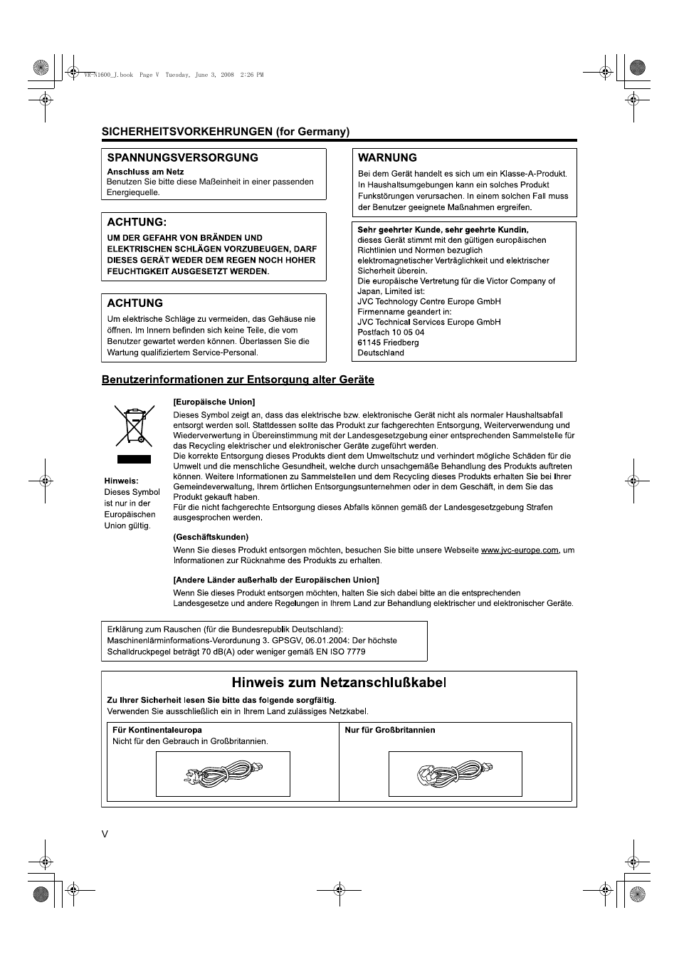 Sicherheitsvorkehrungen (for germany) | JVC VR-N1600E User Manual | Page 6 / 158