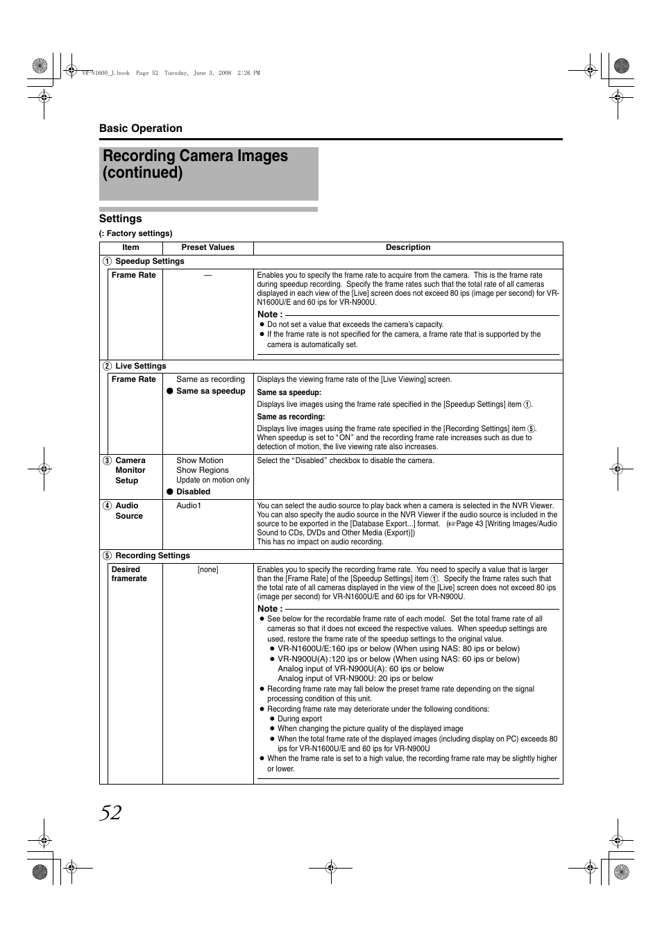 Settings, Recording camera images (continued) | JVC VR-N1600E User Manual | Page 60 / 158