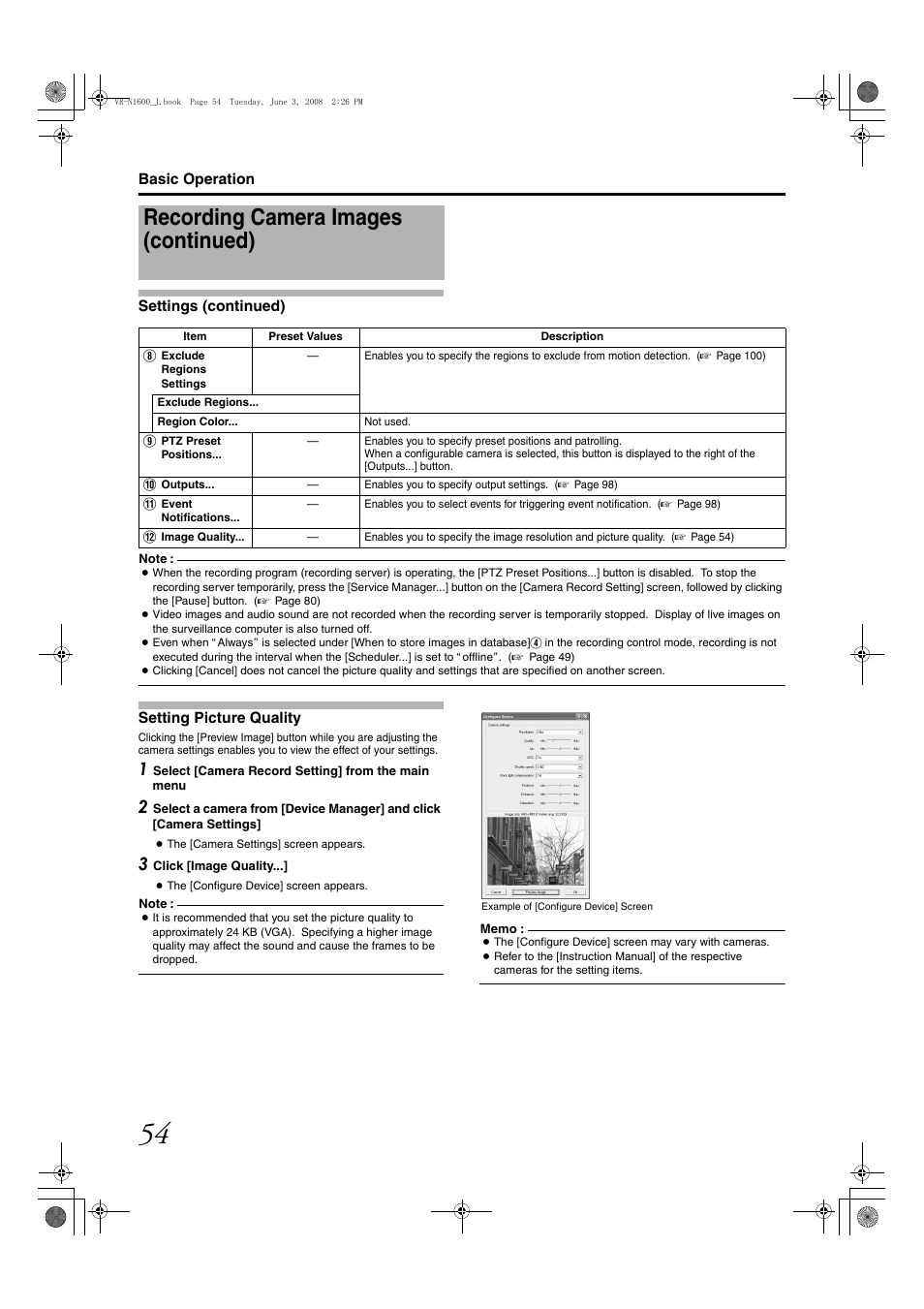 Setting picture quality, Recording camera images (continued) | JVC VR-N1600E User Manual | Page 62 / 158