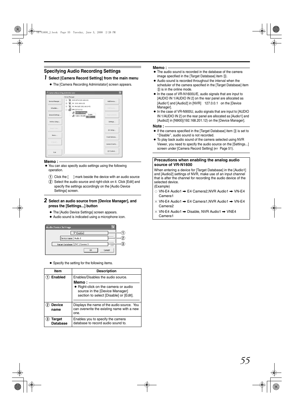 Specifying audio recording settings | JVC VR-N1600E User Manual | Page 63 / 158