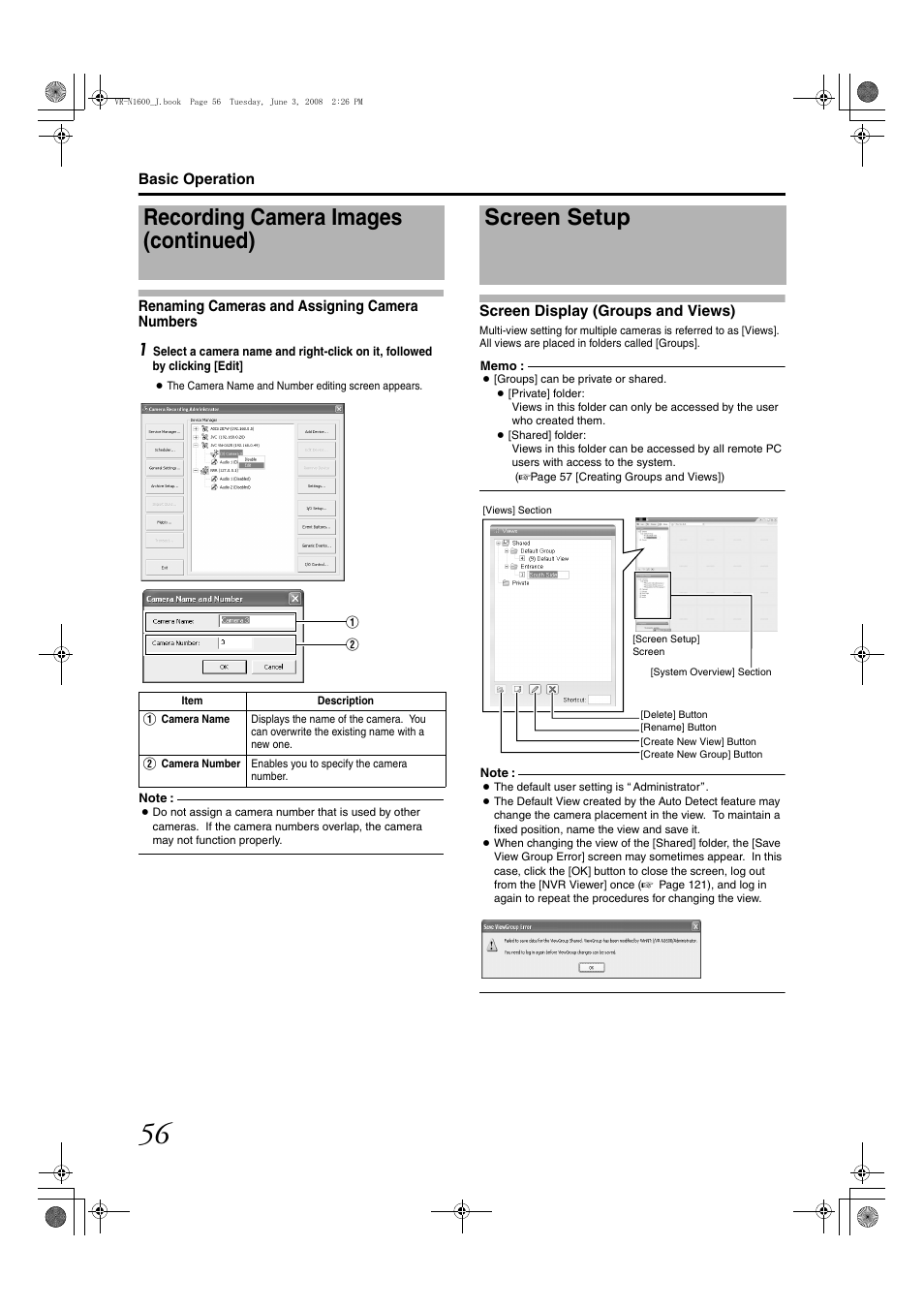 Renaming cameras and assigning camera numbers, Screen setup, Screen display (groups and views) | Recording camera images (continued) | JVC VR-N1600E User Manual | Page 64 / 158