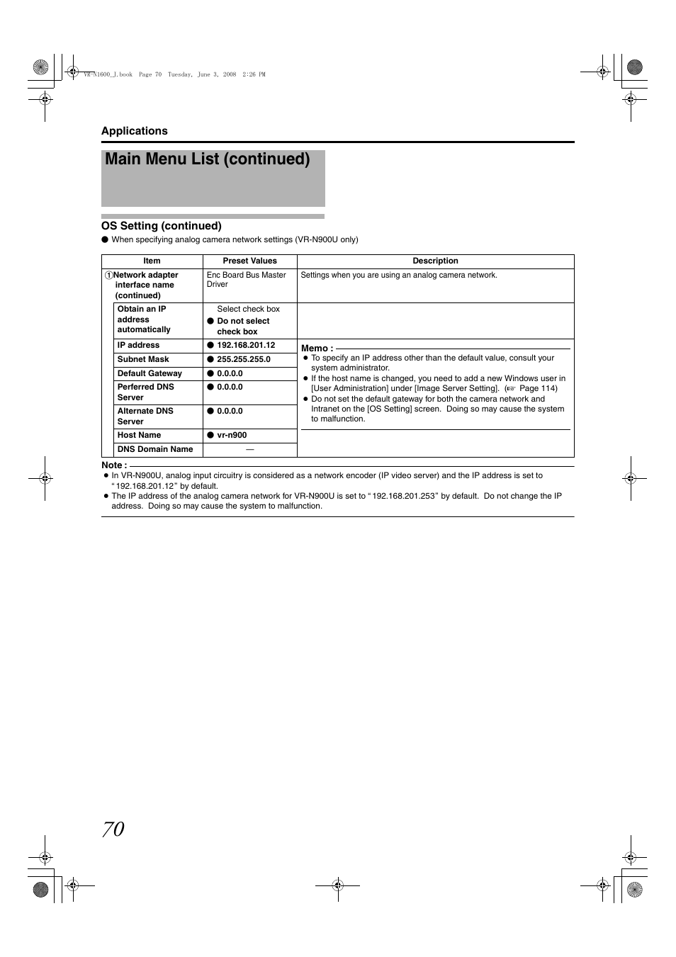 Main menu list (continued) | JVC VR-N1600E User Manual | Page 78 / 158
