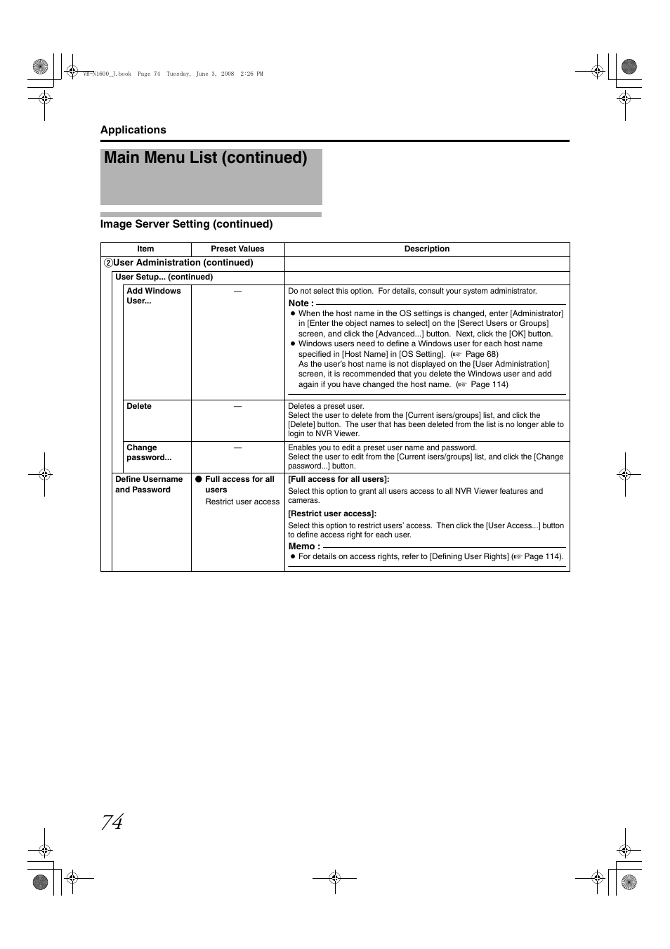 Main menu list (continued) | JVC VR-N1600E User Manual | Page 82 / 158