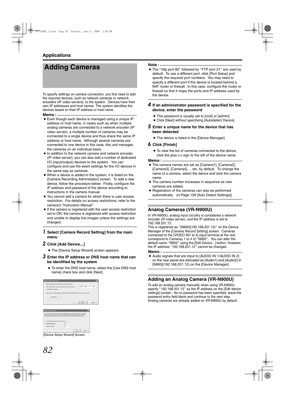 Adding cameras, Analog cameras (vr-n900u), Adding an analog camera (vr-n900u) | JVC VR-N1600E User Manual | Page 90 / 158