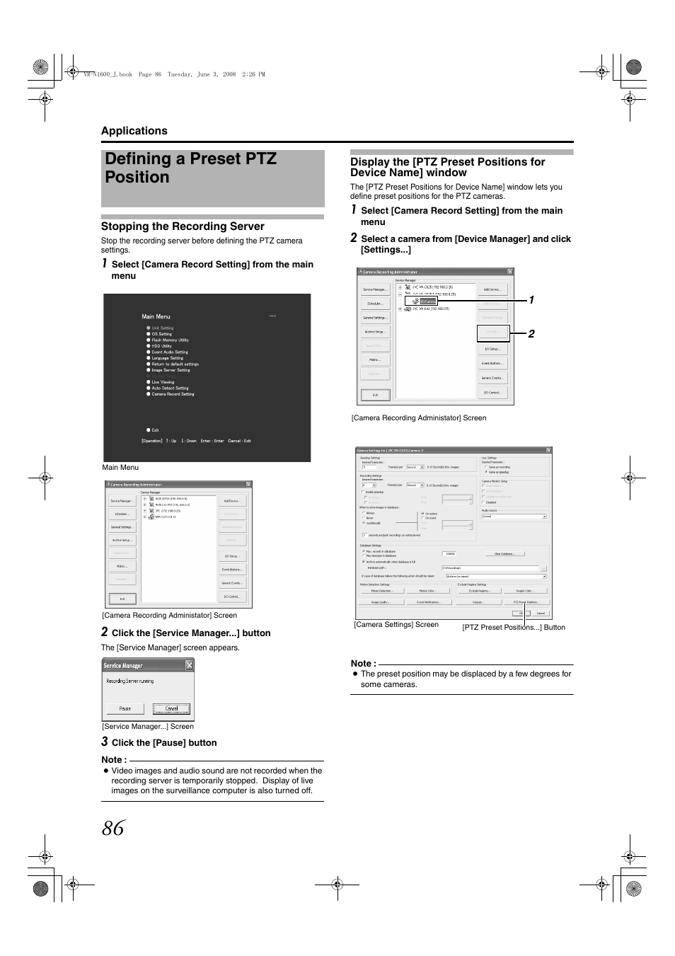 Defining a preset ptz position, Stopping the recording server, Display the [ptz preset positions for device name | Window | JVC VR-N1600E User Manual | Page 94 / 158
