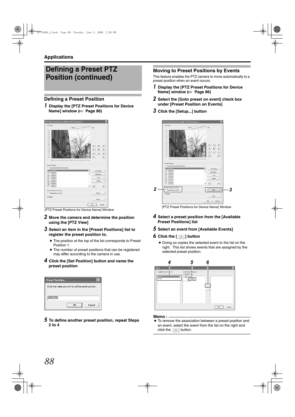 Defining a preset position, Moving to preset positions by events, Defining a preset ptz position (continued) | JVC VR-N1600E User Manual | Page 96 / 158