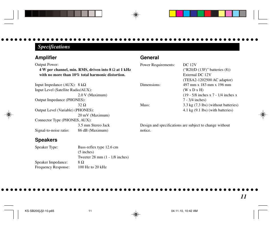 Specifications | JVC KS-SB200 User Manual | Page 11 / 12