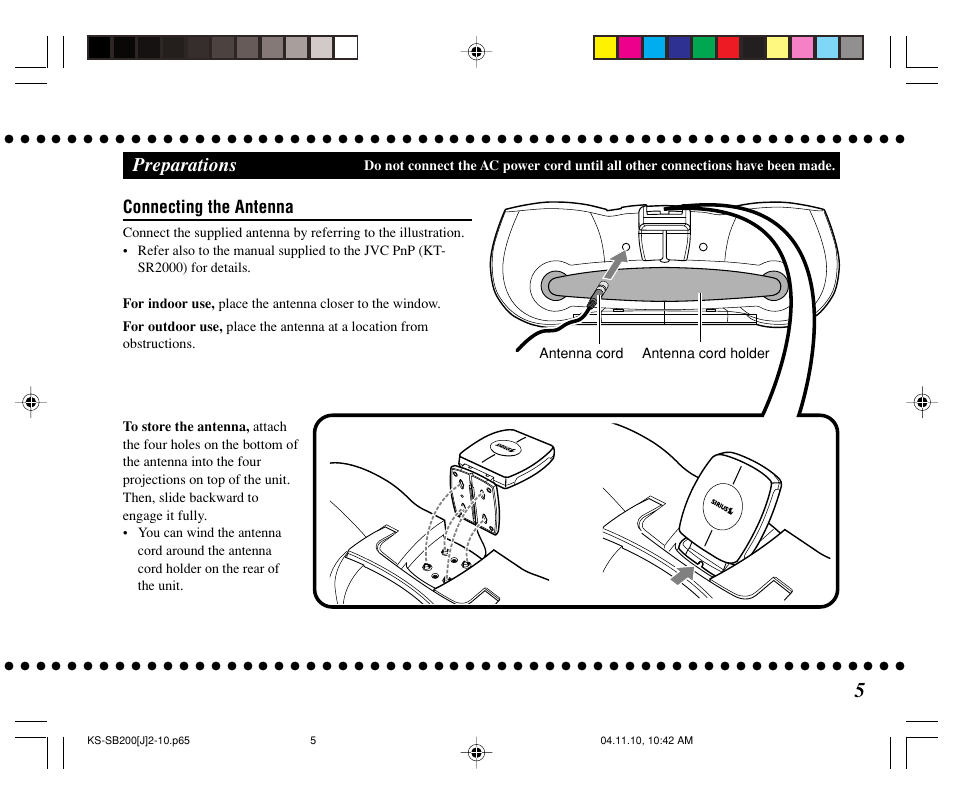 Preparations, Connecting the antenna | JVC KS-SB200 User Manual | Page 5 / 12
