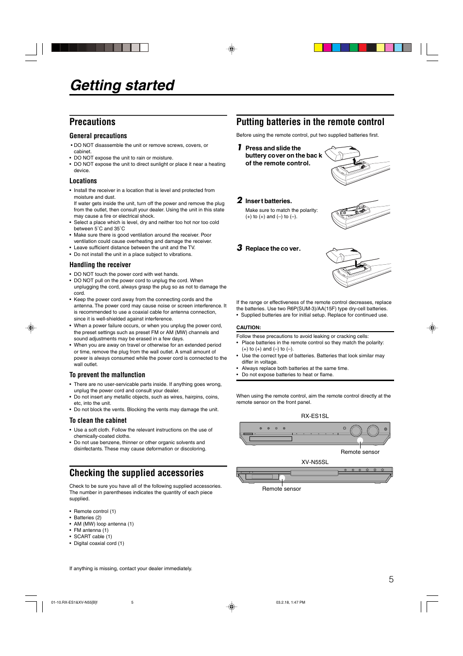 Getting started, Putting batteries in the remote control, Precautions | Checking the supplied accessories | JVC XV-N55SL User Manual | Page 10 / 75