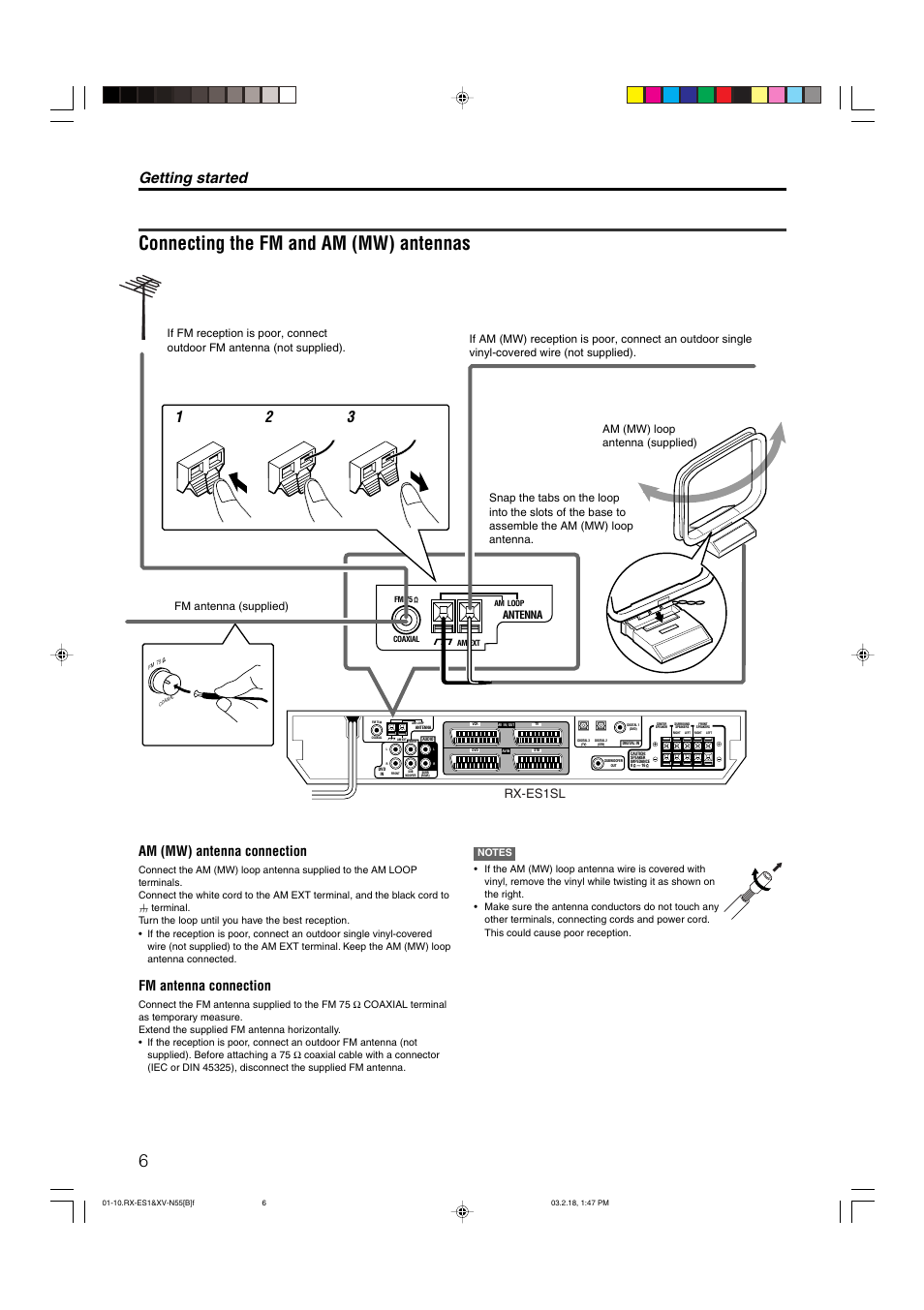 Connecting the fm and am (mw) antennas, Getting started, Am (mw) antenna connection | Fm antenna connection, Rx-es1sl, Antenna | JVC XV-N55SL User Manual | Page 11 / 75