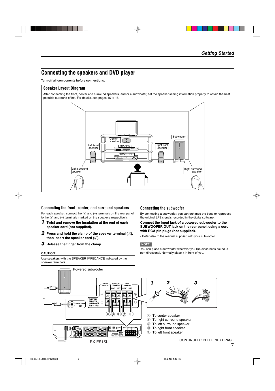 Connecting the speakers and dvd player, Getting started, 12 3 ab cd e | Speaker layout diagram, Center, Connecting the subwoofer, Rx-es1sl | JVC XV-N55SL User Manual | Page 12 / 75