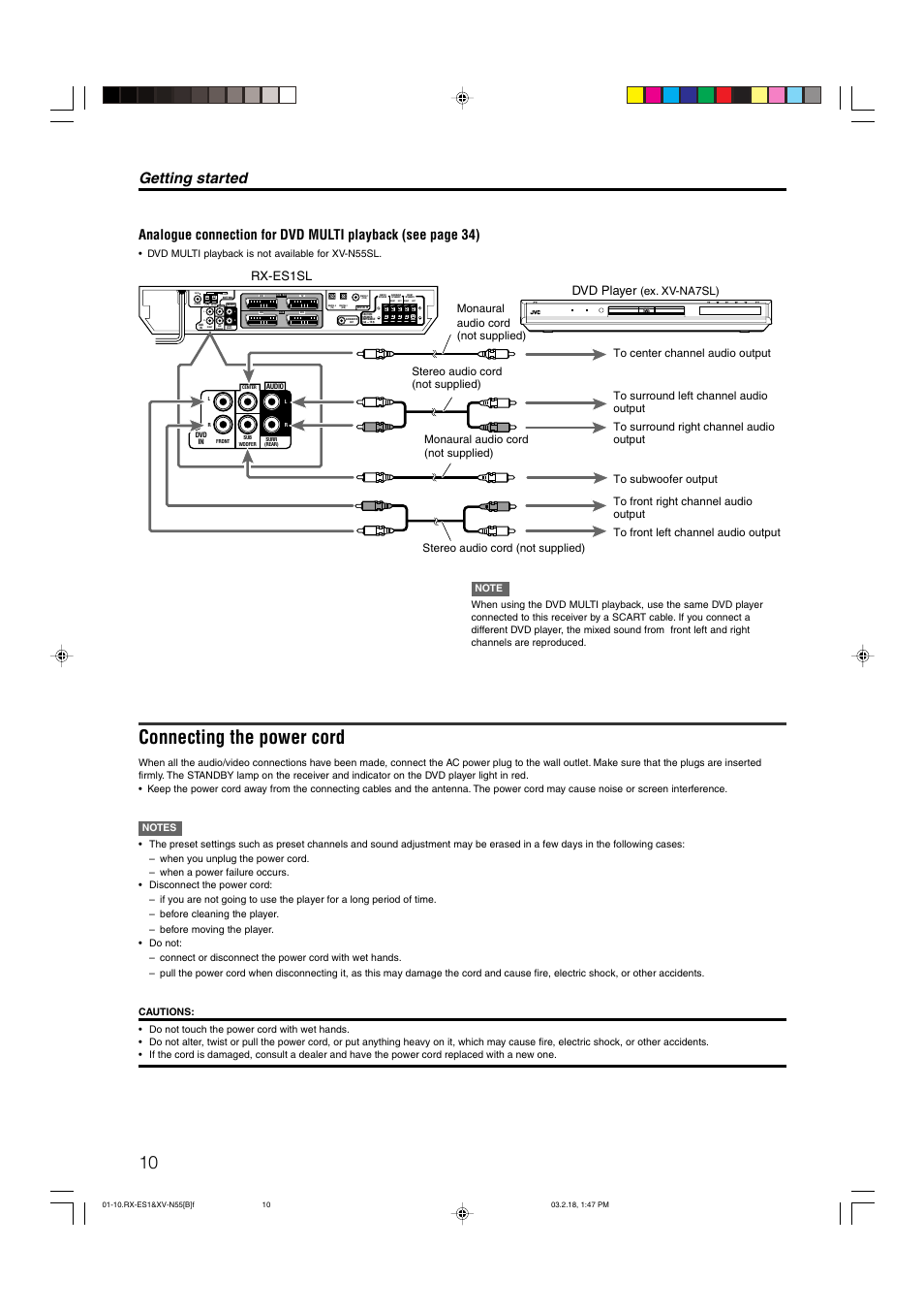 Connecting the power cord, Getting started, Center | Dvd player, Rx-es1sl, Ex. xv-na7sl), Dvd multi playback is not available for xv-n55sl | JVC XV-N55SL User Manual | Page 15 / 75