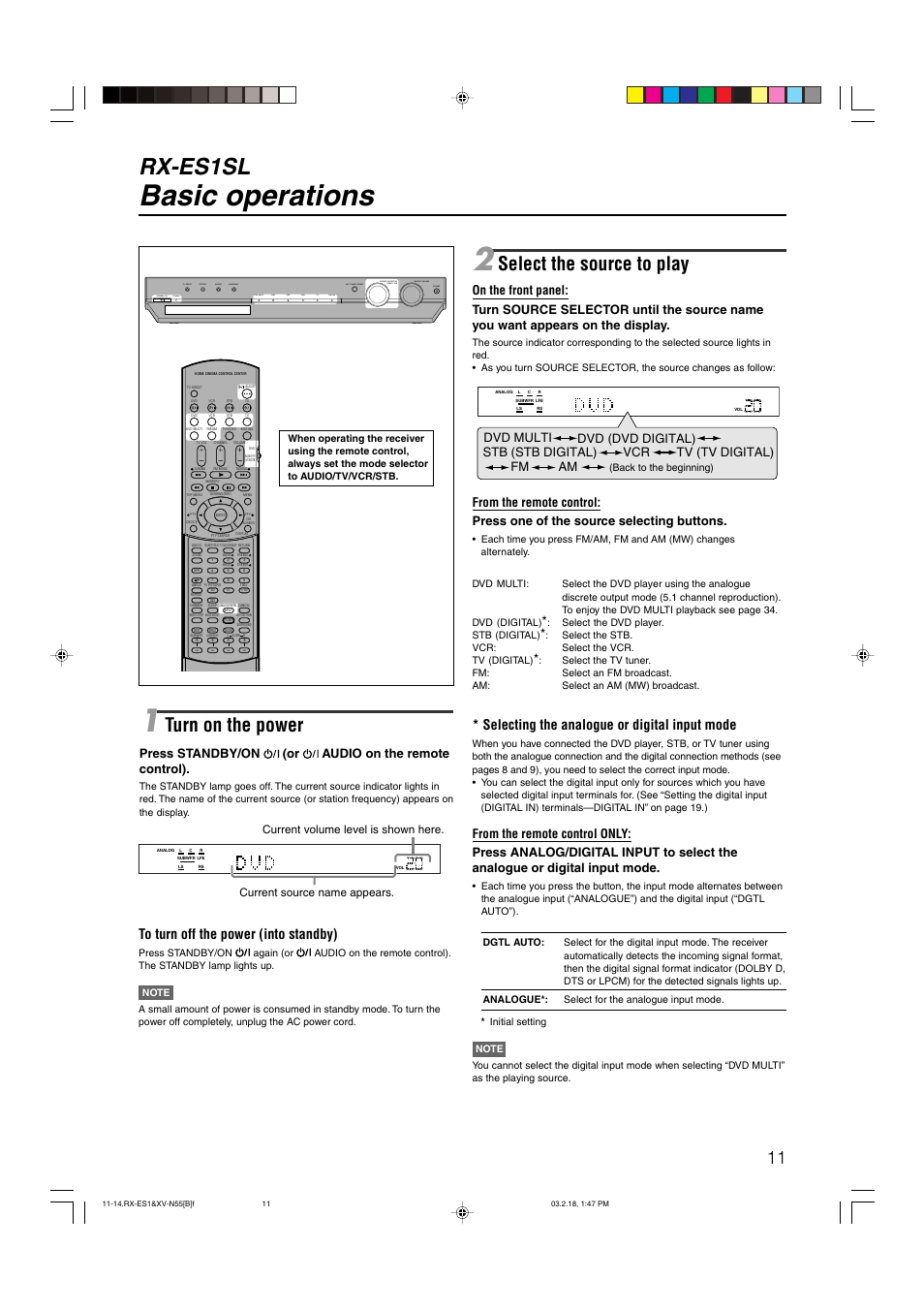 Basic operations, Rx-es1sl, Select the source to play | Turn on the power, Selecting the analogue or digital input mode, Press standby/on (or audio on the remote control) | JVC XV-N55SL User Manual | Page 16 / 75
