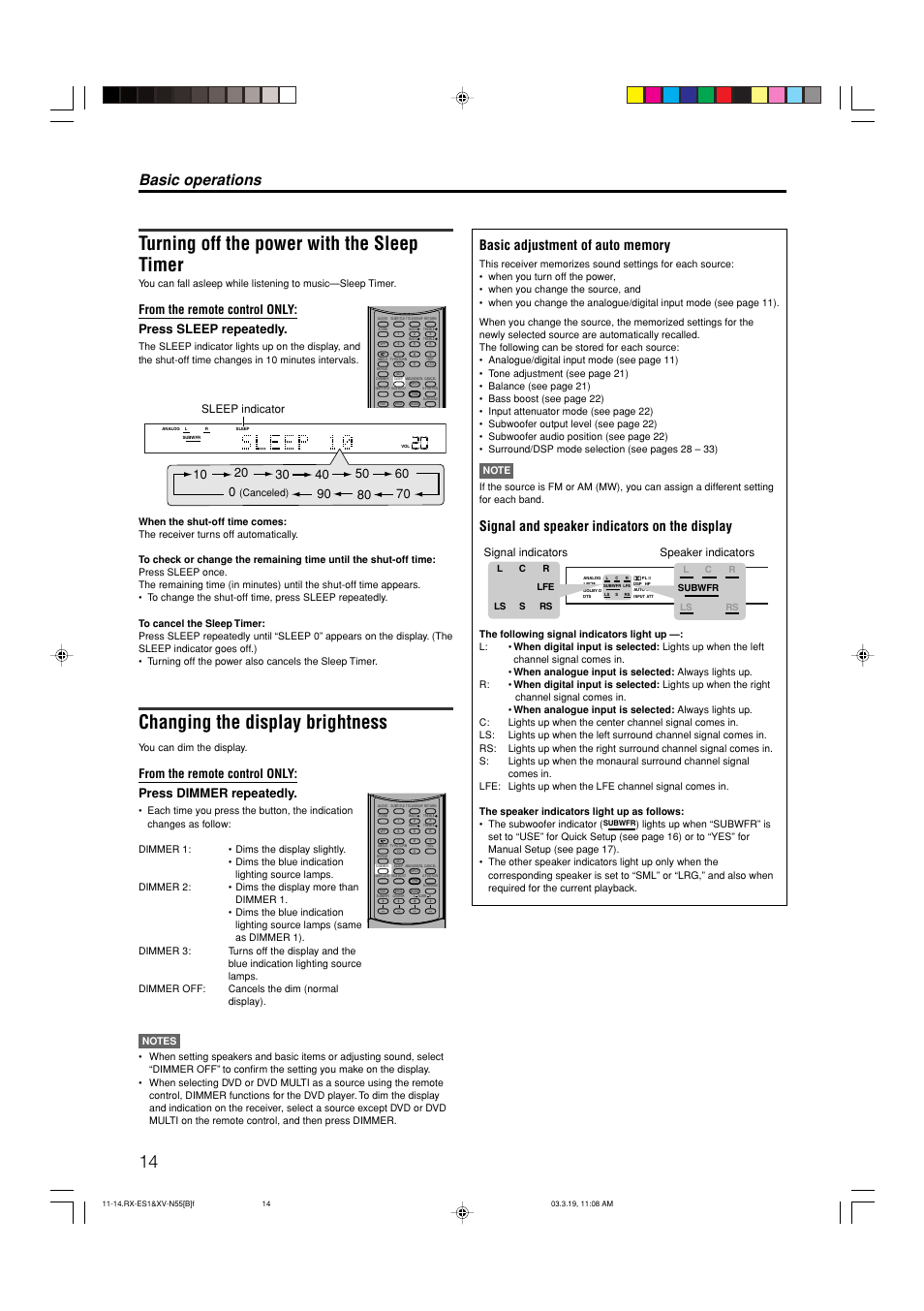 Turning off the power with the sleep timer, Changing the display brightness, Basic operations | Signal and speaker indicators on the display, Signal indicators speaker indicators, Sleep indicator, Canceled), You can dim the display | JVC XV-N55SL User Manual | Page 19 / 75