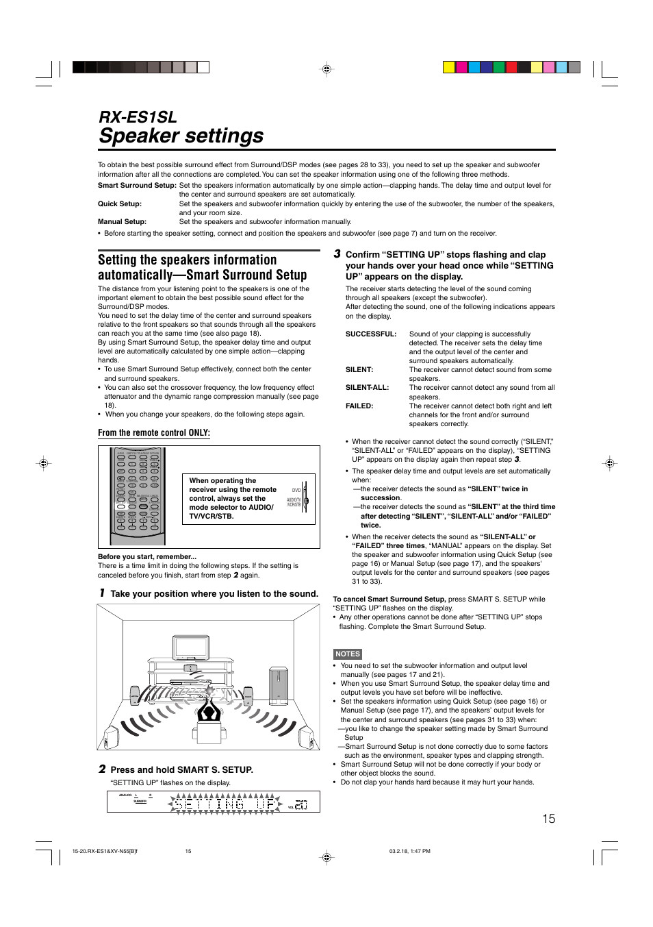 Speaker settings, Rx-es1sl, Take your position where you listen to the sound | Press and hold smart s. setup | JVC XV-N55SL User Manual | Page 20 / 75