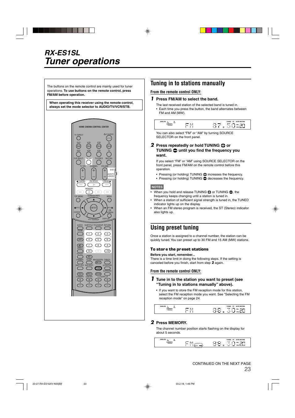 Tuner operations, Rx-es1sl, Tuning in to stations manually | Using preset tuning, Press fm/am to select the band | JVC XV-N55SL User Manual | Page 28 / 75