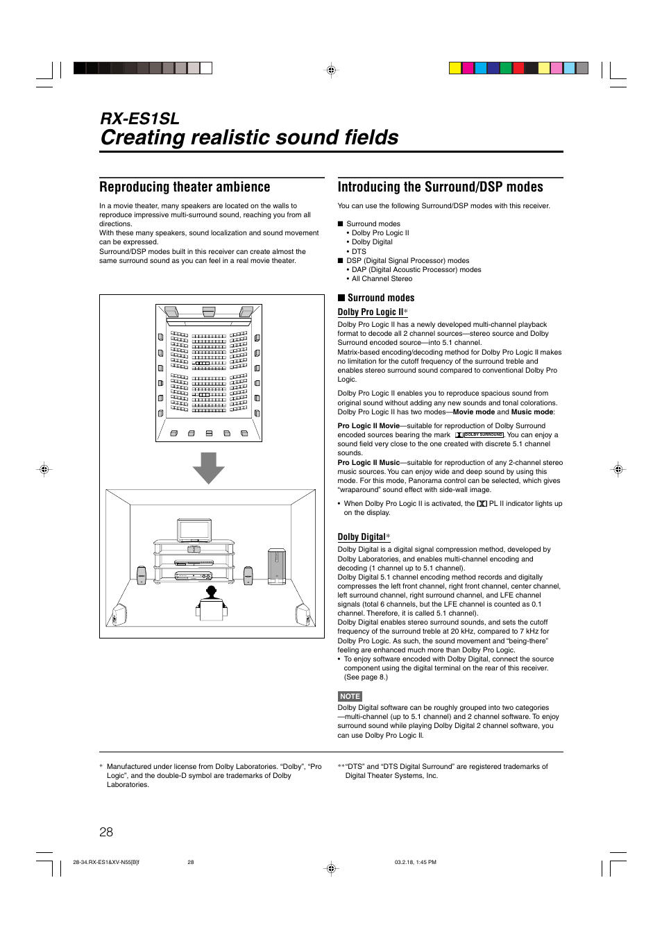 Creating realistic sound fields, Rx-es1sl, Reproducing theater ambience | Introducing the surround/dsp modes | JVC XV-N55SL User Manual | Page 33 / 75