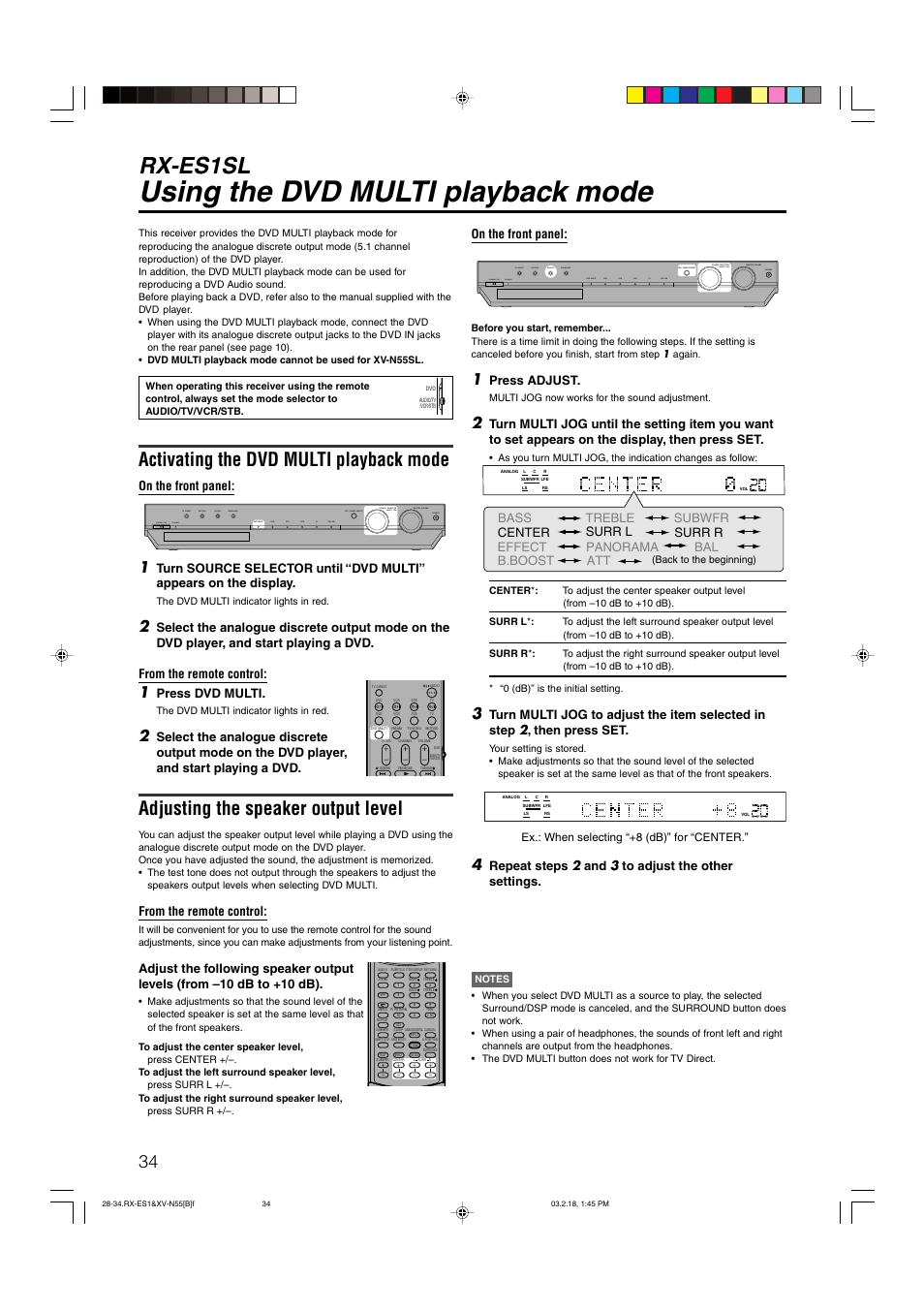 Using the dvd multi playback mode, Rx-es1sl, Activating the dvd multi playback mode | Adjusting the speaker output level, On the front panel, Press dvd multi, Bass treble panorama b.boost att, Press adjust, Repeat steps 2 and 3 to adjust the other settings | JVC XV-N55SL User Manual | Page 39 / 75