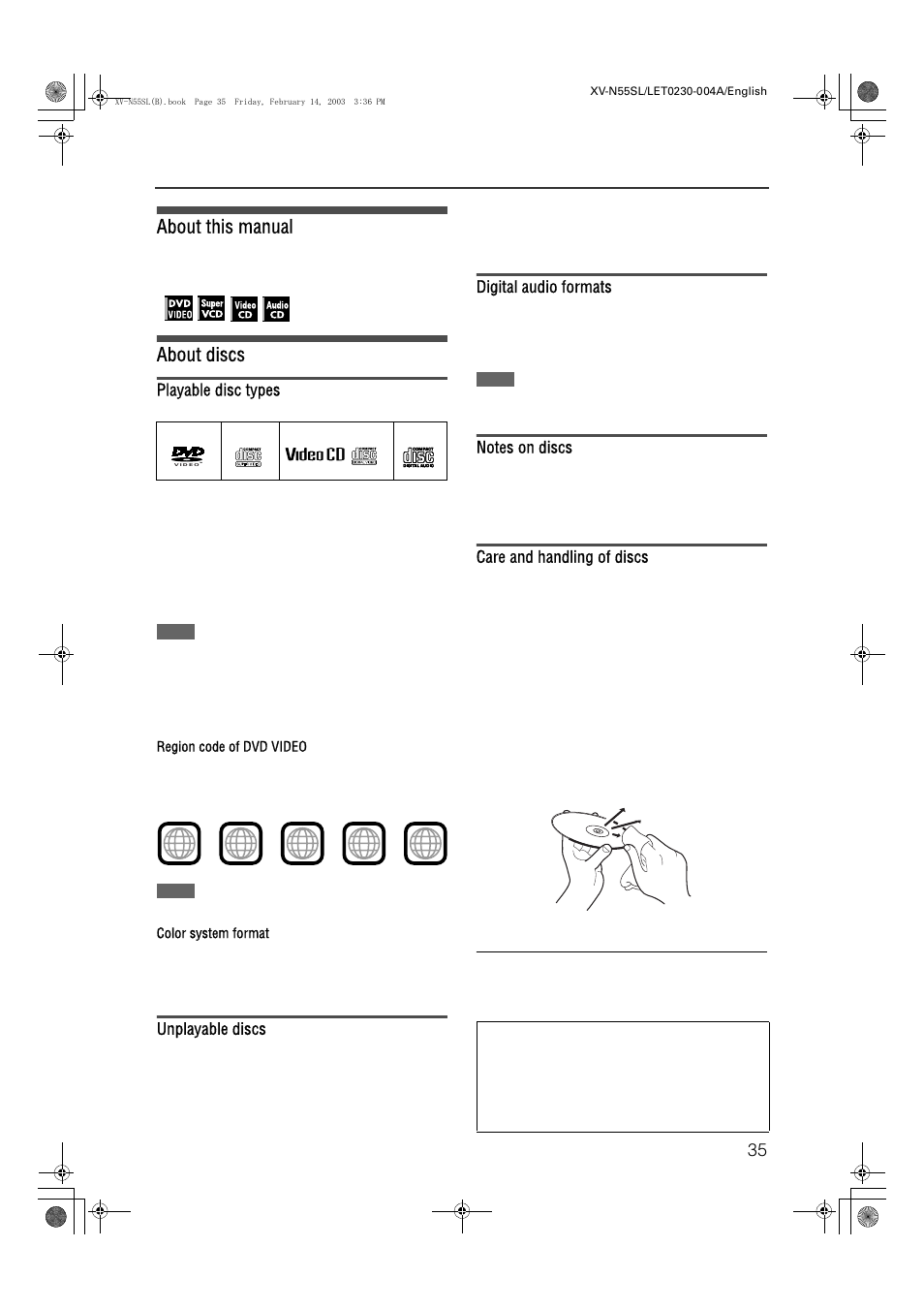 Before operation, Xv-n55sl, About this manual | About discs, Playable disc types, Unplayable discs, Digital audio formats, Care and handling of discs | JVC XV-N55SL User Manual | Page 40 / 75