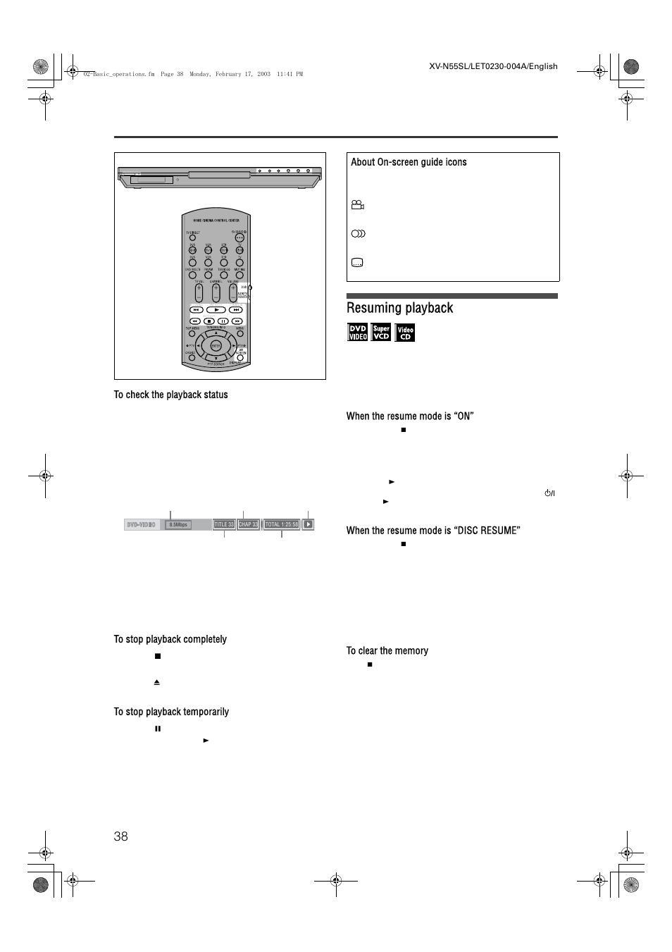 Resuming playback, Basic operations | JVC XV-N55SL User Manual | Page 43 / 75