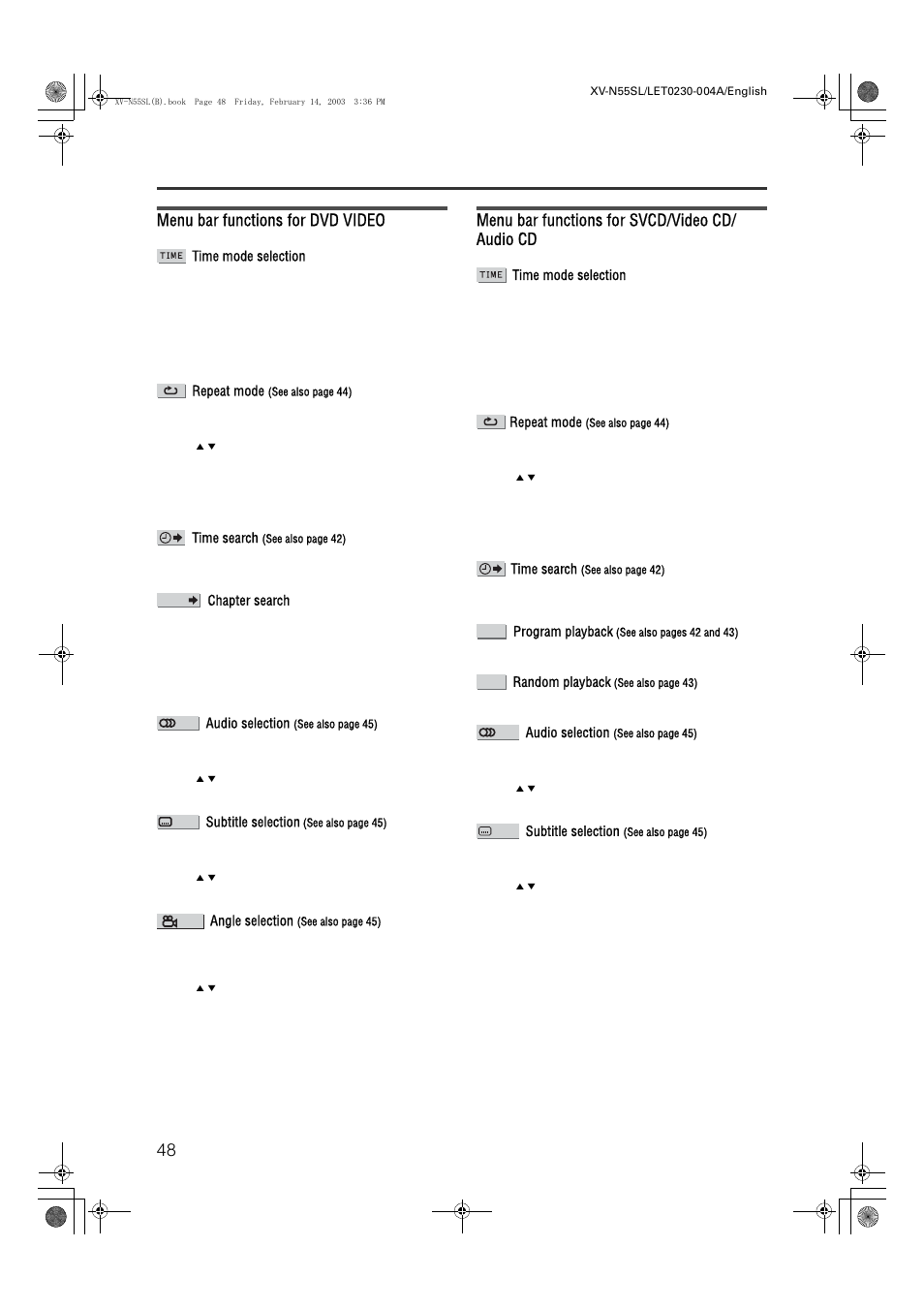 Menu bar functions for dvd video, Menu bar functions for svcd/video cd/ audio cd, Advanced operations | JVC XV-N55SL User Manual | Page 53 / 75