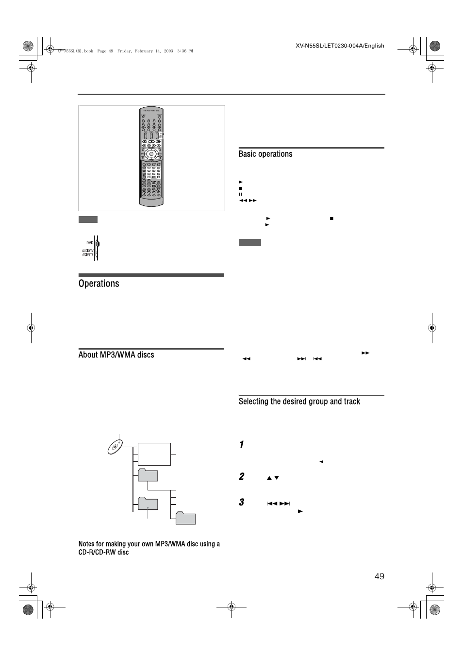 Mp3/wma disc playback, Xv-n55sl, Operations | About mp3/wma discs, Basic operations, Selecting the desired group and track | JVC XV-N55SL User Manual | Page 54 / 75