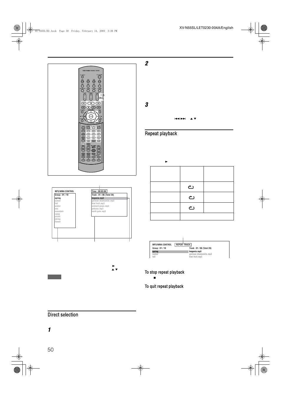 Direct selection, Repeat playback, Mp3/wma disc playback | JVC XV-N55SL User Manual | Page 55 / 75