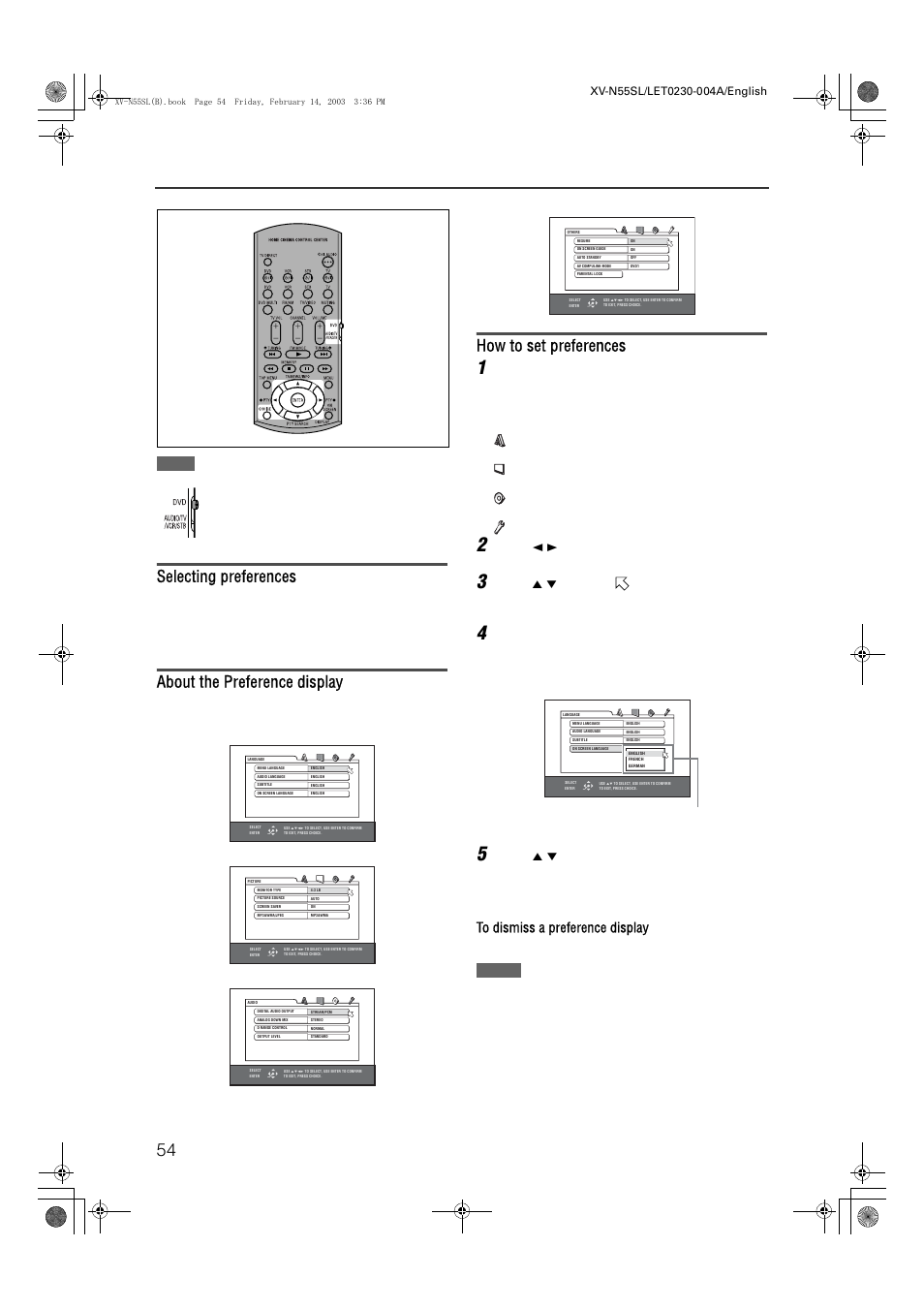 Changing the initial settings, Xv-n55sl, Selecting preferences | About the preference display, How to set preferences, Press choice, Press 2 / 3 to select the appropriate icon, Press enter | JVC XV-N55SL User Manual | Page 59 / 75