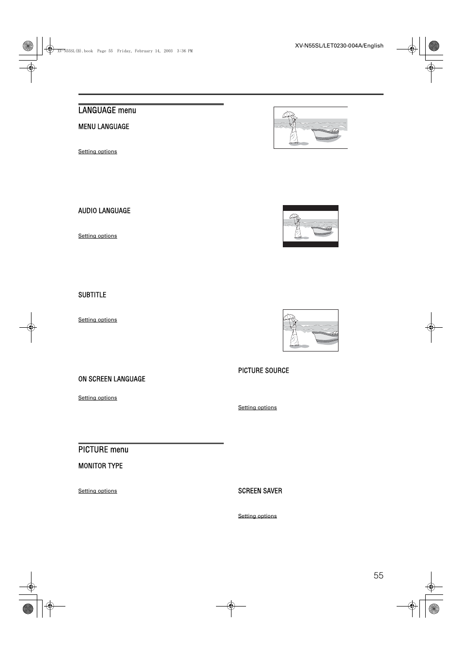 Language menu, Picture menu, Changing the initial settings | JVC XV-N55SL User Manual | Page 60 / 75